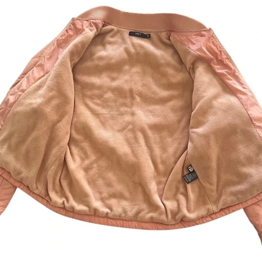 Obey Worldwide Quilted Pink Peach Embroidered Logo Fleece lined Puffer Jacket L - Picture 8 of 10